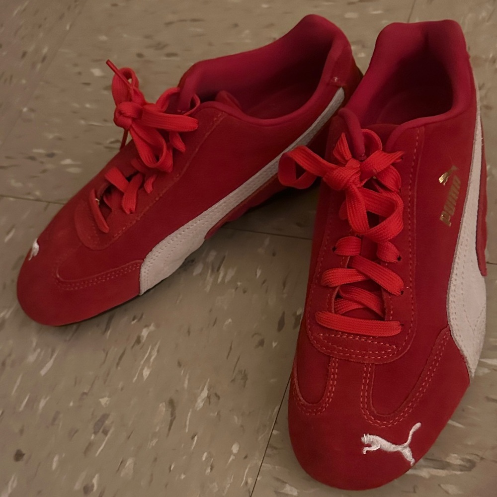 Puma Kids Red Suede Sneakers with White Formstrip and Black Sole